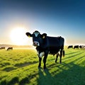 a standing in front of a herd of cows in a field of grass with the sun shining on the cows in the background and behind