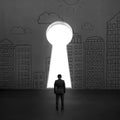 Standing in front of key shape hole with city doodles Royalty Free Stock Photo