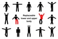 Standing front view stick figure man vector icon set. Raised, wide open hands, crossed legs, replaceable body parts constructor