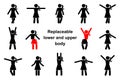 Standing front view stick figure woman vector icon set. Raised, wide open hands, crossed legs, replaceable body parts constructor