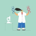 Standing geneticist with chromosomes hand drawn color illustration