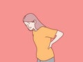 Standing girl female hands touching back pain backache simple korean style illustration