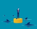 Standing with gold coins around the shark. Business vector illustration concept