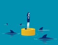 Standing with gold coins around the shark. Business vector illustration concept