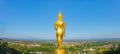 The standing golden Buddha at a hill or valley at Wat phra that khao noi,Nan Thailand.