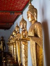 Standing golden Buddha statues in a long line along a wall at the Wat Pho Temple in Bangkok, Thailand Royalty Free Stock Photo