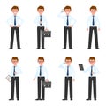 Standing hands on hips, drinking coffee, talking on phone, using tablet, writing notes, thumbs up man cartoon character vector