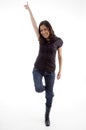 Standing happy young woman pointing up Royalty Free Stock Photo