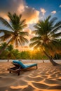 The beach is adorned with comfortable loungers, lush coconut trees, and basks under the warm sun.