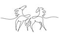 Standing horses on pasture. Continuous one line drawing. Horse logo.