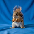 Standing on its hind legs, holding an acorn against a solid blue fabric Royalty Free Stock Photo