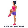 Standing knee hugs. Sport exersice. Silhouettes of woman doing exercise. Workout, training