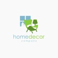 Standing lamp, chair and window. Home decoration logo icon vector template