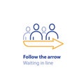 Waiting in line, standing in queue, follow the arrow sign, direction pointer, vector icon