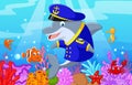 Standing little cartoon Dolphin using uniform Captain with collection fish