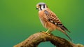 Standing male American kestrel or falcon (Falco sparverius) with a green background. Generative AI