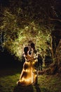 Standing man hugs woman in a beautiful dress on a background of a tree hung with glowing bulbs