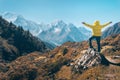 Standing man on the stone against snowy mountains Royalty Free Stock Photo