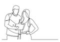 Standing man and woman discussing paperworks - continuous line drawing Royalty Free Stock Photo