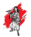 Standing Masked Samurai Girl Holding Katana, Hand Draw Illustration