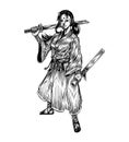 Standing Masked Samurai Girl Holding Katana, Hand Draw Illustration