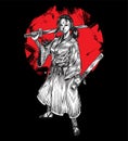 Standing Masked Samurai Girl Holding Katana, Hand Draw Illustration