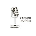 Standing microphone and lettering Life with podcasts. Royalty Free Stock Photo