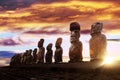 Standing moai in Easter Island at sunrise Royalty Free Stock Photo