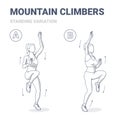 Standing Mountain Climbers Female Home Workout Exercise Guide. Girl in Sportswear Lifting Knees and Extending Arms.