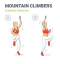 Standing Mountain Climbers Girl Home Workout Exercise Guide. Woman Lifting Knees, Extending Arms During Physical Jerks.