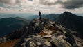 Standing on mountain peak, conquering adversity, achieving success generated by AI Royalty Free Stock Photo