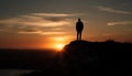 Standing on mountain peak, conquering adversity, enjoying serene sunset generated by AI Royalty Free Stock Photo