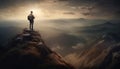 Standing on mountain peak, conquering adversity, success generated by AI Royalty Free Stock Photo
