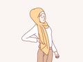 Standing muslim hijab Woman female hands touching back pain backache simple korean style illustration