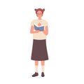 Standing nerd girl with open book