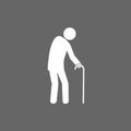 Standing old man silhouette with a walking stick, restroom sign. Black on white background. Flat design. Vector