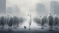 Standing out from the crowd concept white bird standing between man gray birds. Generative AI Royalty Free Stock Photo