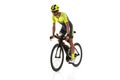Studio shot of one young professional bicyclist, man on road bike isolated over white background. Royalty Free Stock Photo