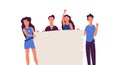 Standing people holding banner vector flat illustration. Character friend protest together blank. Group demonstration poster Royalty Free Stock Photo