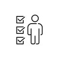 Standing person and list of checked out squares. Success checklist, tasks accomplished or recruitment icon