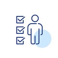 Standing person and list of checked out squares. Success checklist, tasks accomplished or recruitment vector icon