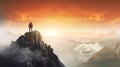 Back of man standing on mountain top with orange skies