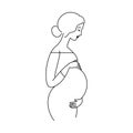 Standing pregnant woman, profile portrait. Line drawing. Cute woman keeps her hands on her belly. Awaiting for a child