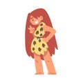 Standing Primitive Woman Character from Stone Age Wearing Animal Skin Showing V Sign Vector Illustration
