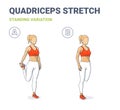 Standing Quadriceps Stretch Women Home Workout Exercise Guidance. Young Athletic Girl in Sportswear. Royalty Free Stock Photo