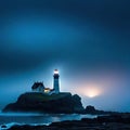 a standing on a rocky shore in front of a lighthouse with a light on top of it in a dark foggy night Royalty Free Stock Photo