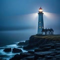 a standing on a rocky shore in front of a lighthouse with a light on top of it in a dark foggy night Royalty Free Stock Photo