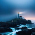 a standing on a rocky shore in front of a lighthouse with a light on top of it in a dark foggy night Royalty Free Stock Photo