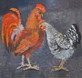 Standing rooster and hen, oil painting picture