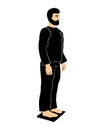 Standing on sadhu boards. Man stands on nails. Hand drawn vector illustration